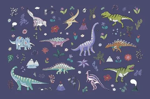 Dinosaurs with flowers vector doodle illustrations set Illustrazione stock