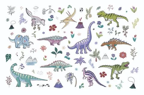 Dinosaurs with flowers vector doodle illustrations set Illustrazione stock