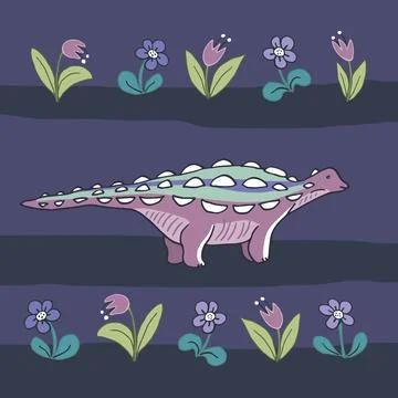 Dinosaurs with flowers vector print Illustrazione stock