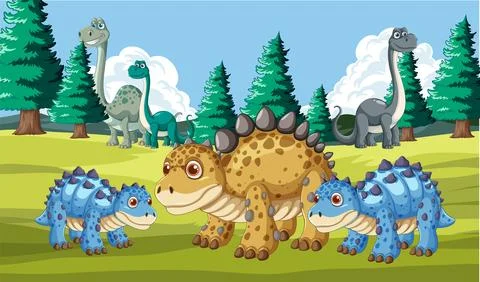 Dinosaurs in a Forest Landscape Stock Illustration