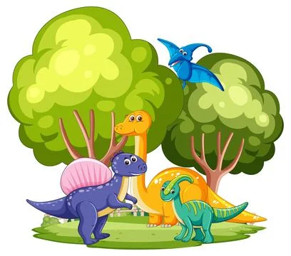 Dinosaurs in a Forest Scene Stock Illustration