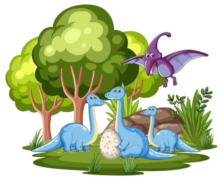 Dinosaurs in a Forest Scene Stock Illustration