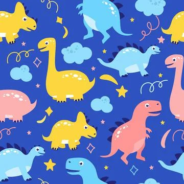 Dinosaurs funny pattern on a blue background vector illustration. In a flat Stock Illustration