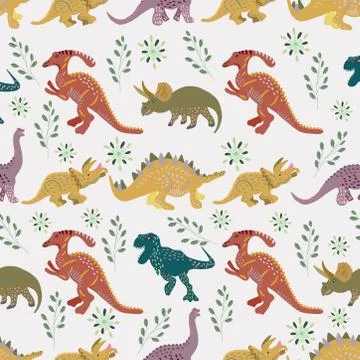 Dinosaurs hand drawn seamless pattern on white background Stock Illustration