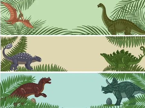 Dinosaurs in leaves. A set of three horizontal banners. Stock Illustration