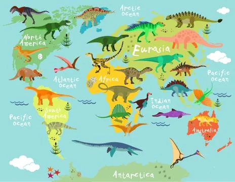 Dinosaurs map of the world Illustrazione stock