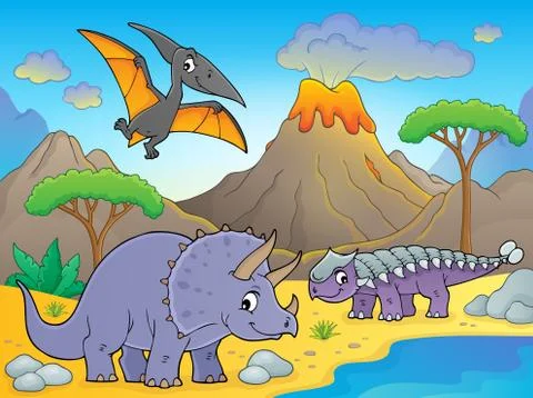 Dinosaurs near volcano image Stock Illustration