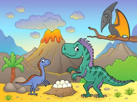 Dinosaurs near volcano image Stock Illustration