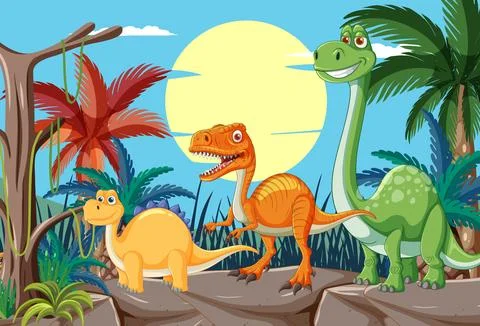 Dinosaurs in a Prehistoric Landscape Stock Illustration