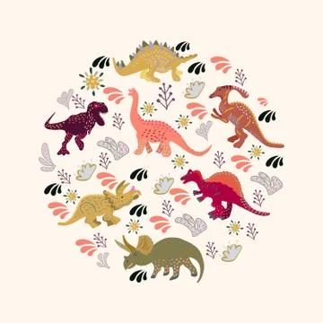 Dinosaurs round flat hand drawn composition. Stock Illustration