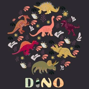Dinosaurs round flat hand drawn composition on black background Stock Illustration