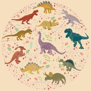 Dinosaurs round flat hand drawn composition on beige background Stock Illustration