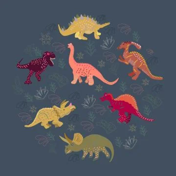 Dinosaurs round flat hand drawn composition on grey background Stock Illustration