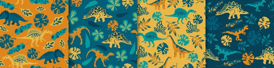 Dinosaurs seamless pattern. Ancient animals yellow on background of tropical Stock Illustration