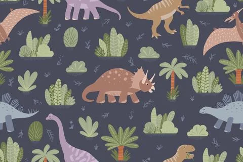 Dinosaurs Seamless Vector Pattern, Line art Dinosaurs Kids Seamless Repeat Illustrazione stock