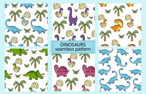 Dinosaurs. Set of colorful seamless patterns for decorating a children's room Illustrazione stock