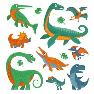 Dinosaurs set. Vector colorful flat icon isolated on white. Illustrazione stock