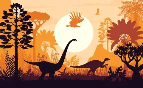 Dinosaurs silhouettes at sunset vector background イラスト素材
