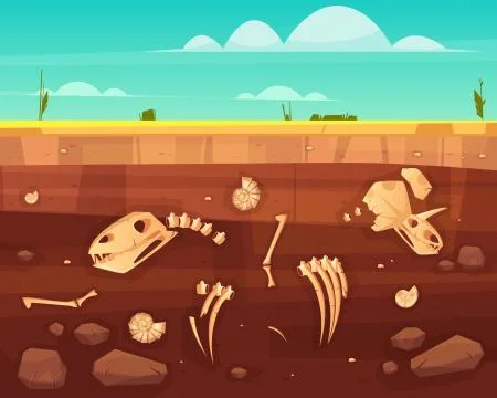 Dinosaurs skeletons bones in soil layers Stock Illustration