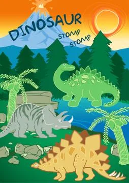 Dinosaurs stomp stomp next to a volcano Stock Illustration