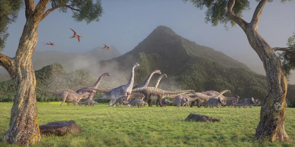 Dinosaurs on the valley. Migration. Illustrazione stock