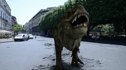Dinosaurs walking in the street Stock Footage 45596701