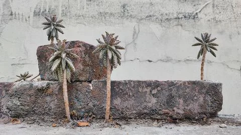 A diorama of a neglected apocalyptic oasis with tiny palm models Stock Photos