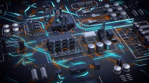 Diorama of refinery plant and electronic circuit board, abstract visual fusion Stock Footage 123750265