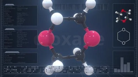 Dioxane molecule with description on the computer screen, 3d rendering Stock Illustration