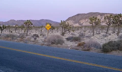 DIP sign next to an empty road with trees, mountains, and sunset in background Stock Photos