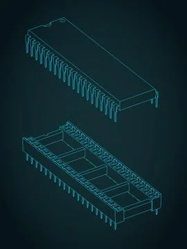 DIP socket with chip isometric blueprints illustration Stock Illustration