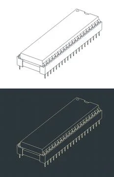 DIP socket with chip isometric blueprints Stock Illustration