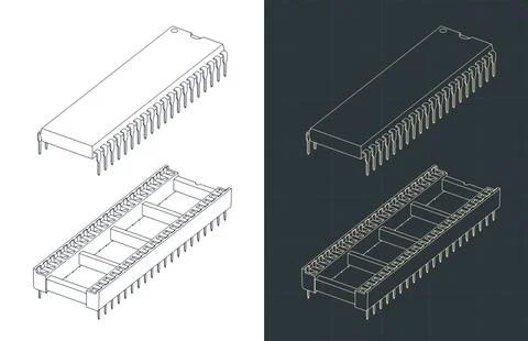 DIP socket with chip isometric drawings Stock Illustration
