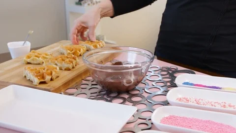 Dip A Waffle in Chocolate Stock Footage 87658849