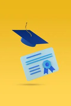 Diploma and mortarboard isolated on yellow background. 3d illustration. Stock Illustration