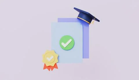 Diploma document with graduation hat and award ribbon, Certificate and medal Stock Illustration