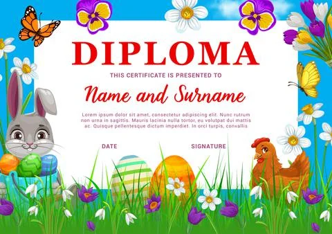 Diploma or certificate with Easter eggs and bunny Stock Illustration