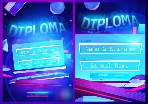 Diploma template with cartoon computer screen Stock Illustration