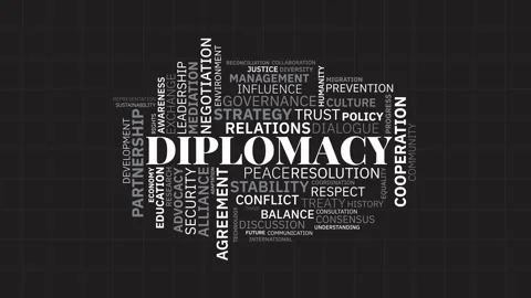 Diplomacy word cloud typography animation on a dark background Stock Footage 341683447