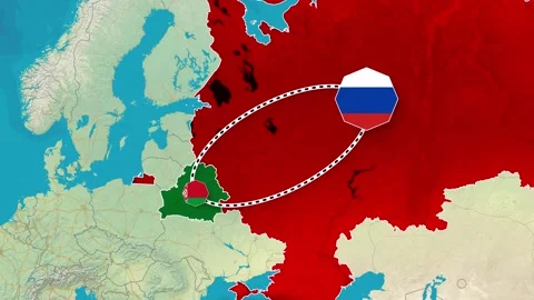 Diplomatic relations between Russia and Belarus are shown on the map animation 動画素材 345630407