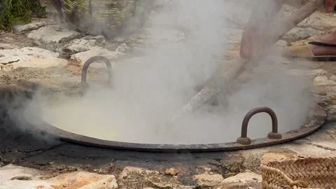 Dipping And Lifting Grapes In Boiling Cauldron Escalda 스톡 동영상 344206819