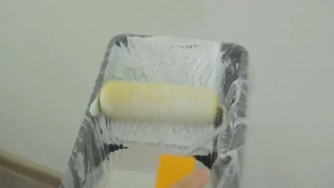 Dipping and rolling a roller into a tray of white paint before painting. DIY Stock Footage 315179021