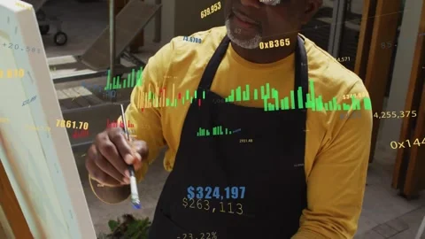 Dipping brush, painter wearing glasses and bib apron, making strokes in studio, Stock Footage 331736453