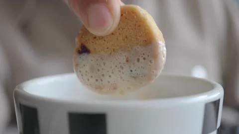 Dipping a cookie into a cup of tea during afternoon snack time Stock Footage 345293804