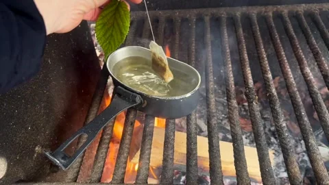 Dipping Tea with a Green Leaf Tag Into Campfire Water Stock Footage 296501403