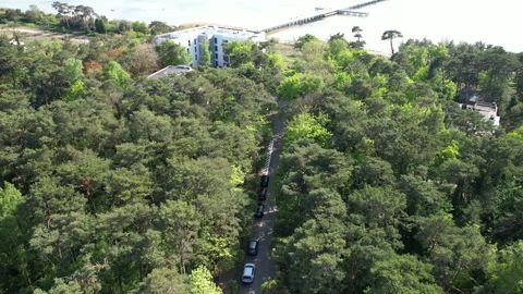 Direct access to the pier in Jurata between green trees. Top-down drone Stock Footage 248756576