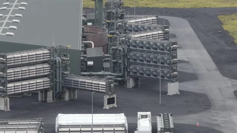 Direct Air Capture Machines Operating at Iceland Facility in Summer Landscape Stock Footage 336808379