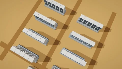 Direct air capture plant rows seen from directly above the desert Stock Footage 343060254