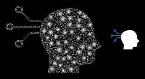 Direct Brain Connection Icon - Polygonal Mesh with Lightspots 스톡 일러스트