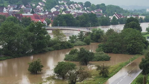 Direct comparison of flooded river in Germany - cut in the middle Stock Footage 285440848